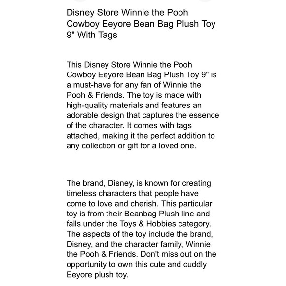 Disney Store Winnie the Pooh Cowboy Eeyore Bean Bag Plush Toy 9" With Tags - Picture 8 of 8